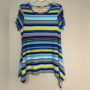 Ruby Rd. Tunic Woman Top Blue Yellow Striped Beaded Neck Asymmetrical Hem